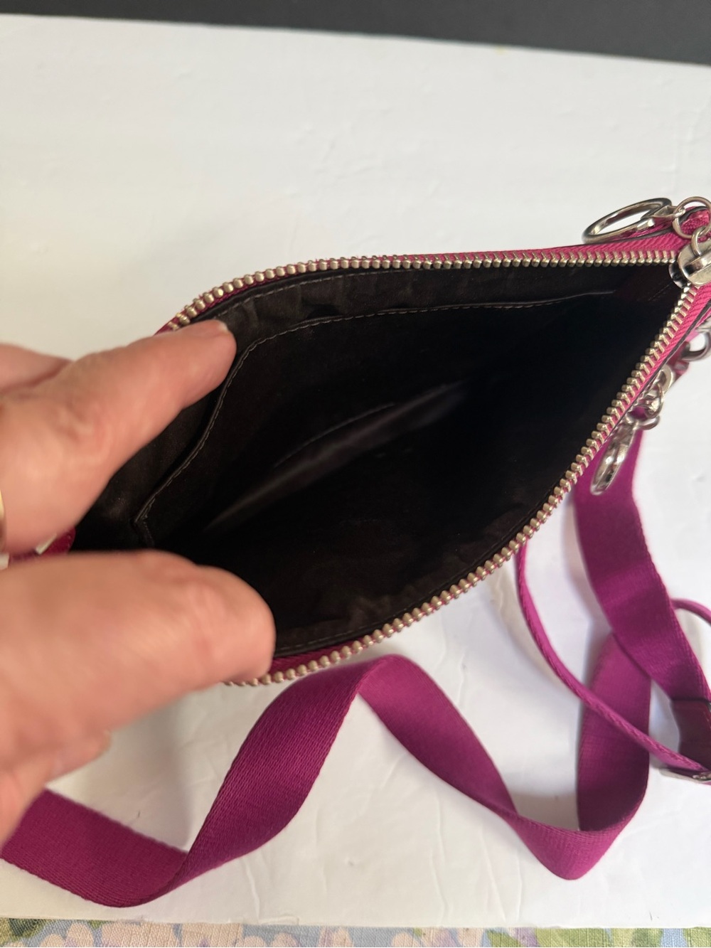 Coach Poppy Tan Signature Canvas Crossbody with Fuchsia Strap and Trim - Picture 9 of 12